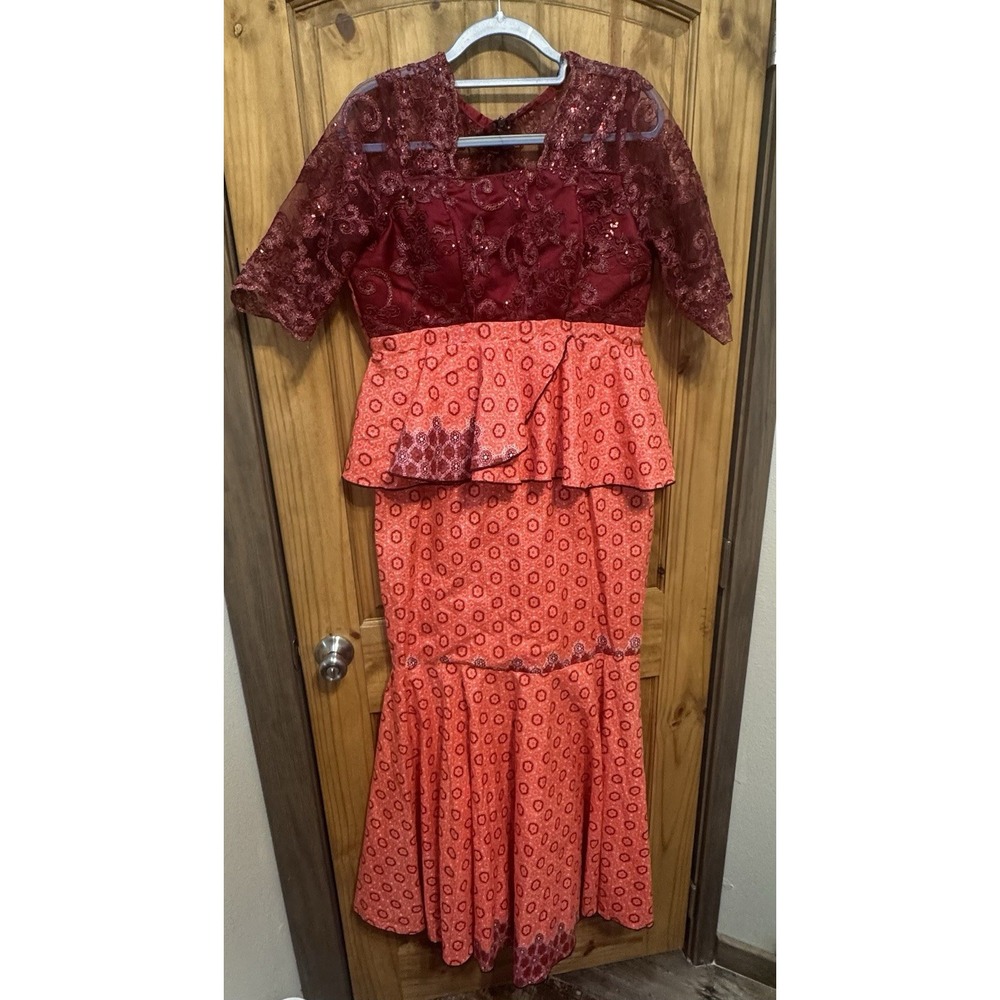 Handmade Lace & Print Peplum Formal Dress Mermaid Gown Red/Orange Size L 19" P2P